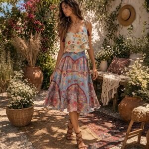 Hemant & Nandita Eros Tasseled Kerchief Midi Dress Boho Floral Layered India M